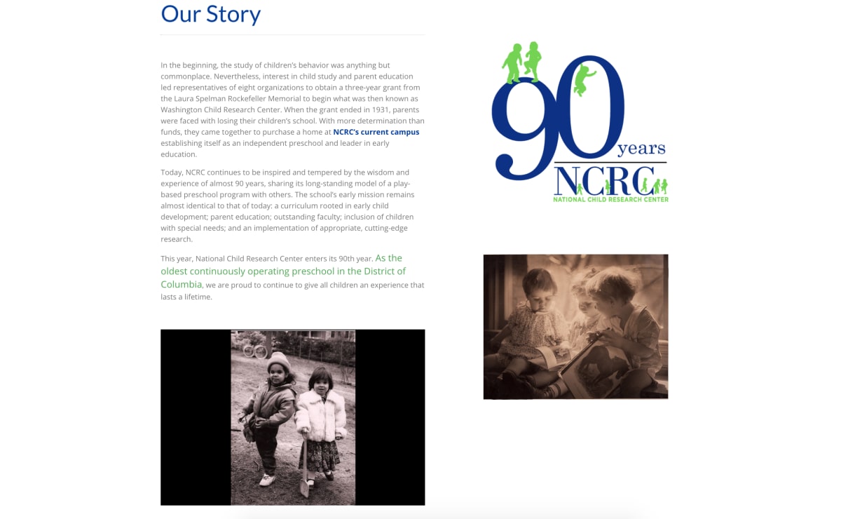 National Child Research Center "Our Story" page screenshot
