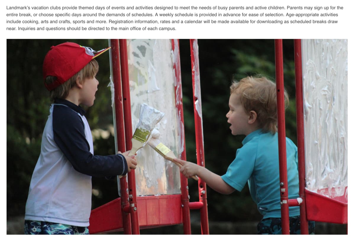 Landmark Preschool "Vacation Clubs" page photo of two preschoolers painting