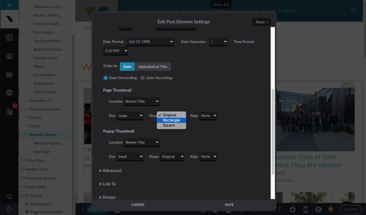 Westside School "Edit Post Element Settings" menu for editing blog photo sizes